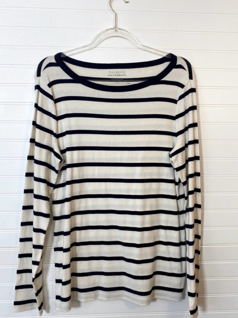 Talbots Cream and Navy Striped Long Sleeve Boatneck Top
